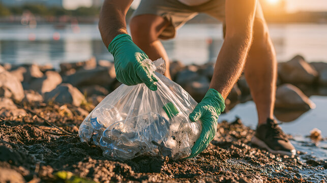 Nature cleanup volunteer collecting plastic waste near waterfront, promoting environmental care and responsible recycling through community action