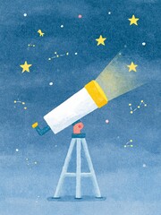 Fototapeta premium Illustration of a Telescope with a Starry Sky Background and Stars Shooting Out of a Tube