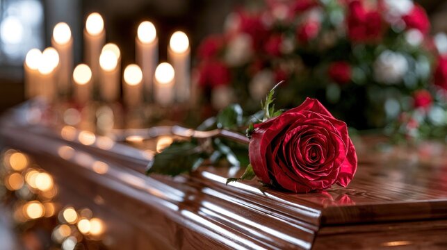 Red rose on casket with candles