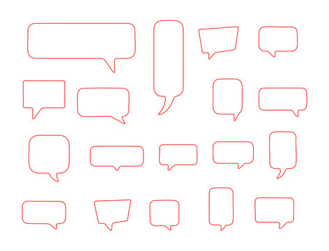 Red outline speech bubbles and chat balloons on white background, showing varied messaging shapes for communication, comments, dialogue, and social chat icons set