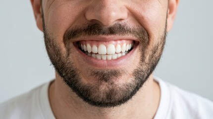 Fototapeta premium Close-up of a Man's Perfect White Smile and Well-Groomed Beard for Dental and Grooming Concepts