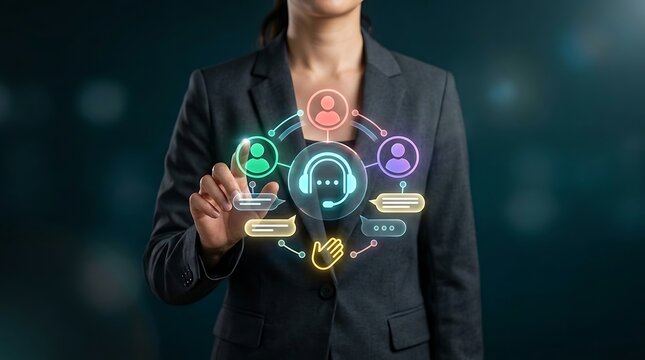 Businesswoman interacting with customer support network interface featuring hotline advisor icon.