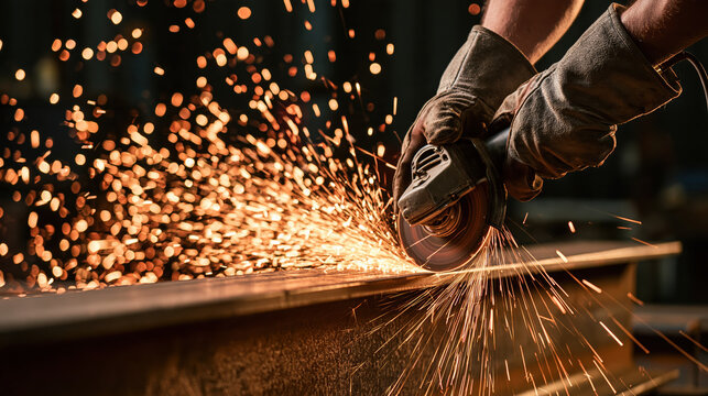 Skilled metal worker using handheld angle grinder on steel with bright sparks in industrial workshop