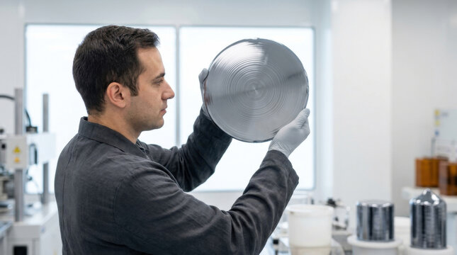Silicon ingot cross section, man examining silver silicon wafer in laboratory, clean industrial research room with gloved hands and circular sample