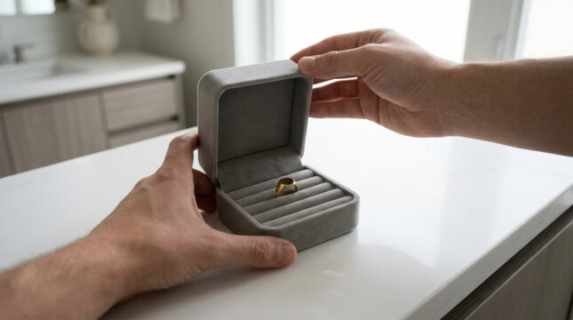 Jewelry presentation box luxury retail display on white table with ring in hand, soft indoor light