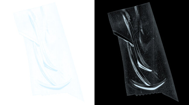 Transparent plastic wrap texture on black background, wrinkled cellophane overlay for graphic design, crinkled polyethylene film with realistic highlights