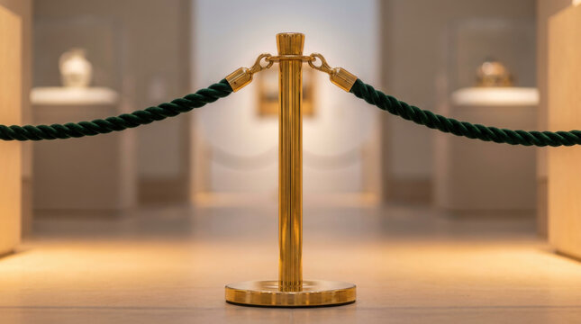 Brass stanchion velvet rope barrier, luxury interior entrance with rope barrier and brass post in soft light