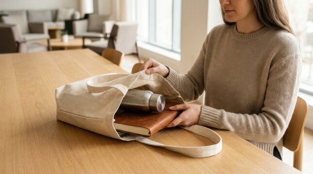 Canvas tote bag gift bag notebook bottle table office woman meeting open bag interior