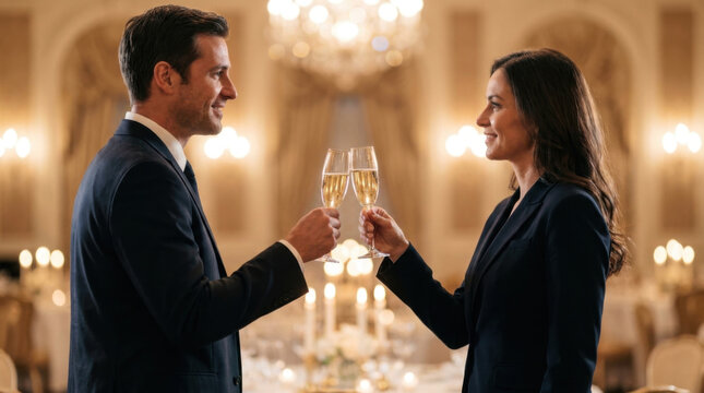 Champagne flute toast elegant gathering formal event man woman suit dress glass celebration luxury hotel ballroom chandelier smiling profile