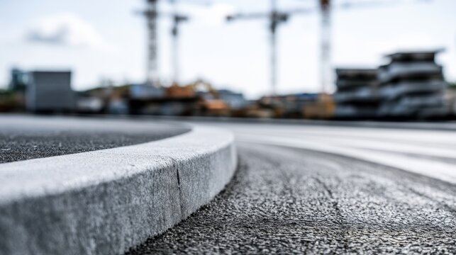 Close-up of an asphalt road with a concrete curb showing a prominent curve and blurred construction cranes in the background under a cloudy sky