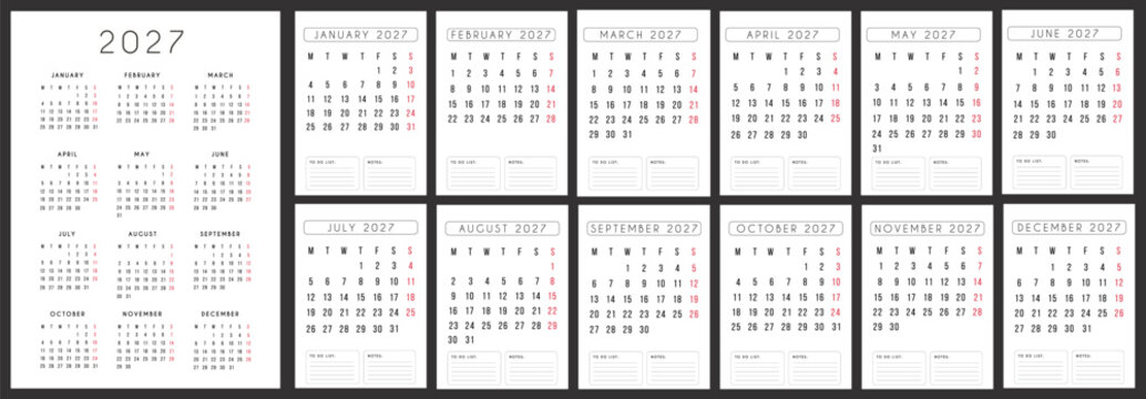 2027 calendar template and monthly planner set. Simple minimal printable organizer layout with 12 months overview and to-do list notes sections for home and office planning.