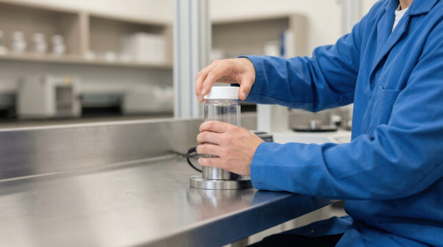 Packaging opening torque test lab technician testing plastic container lid on stainless table