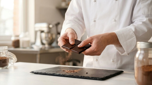 Craft chocolate tasting in kitchen, artisan chocolate bar broken over slate plate with cocoa dust