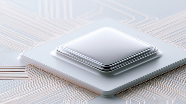 Futuristic metallic microchip with glowing circuit board connections illustrating advanced technology and digital innovation in electronics design