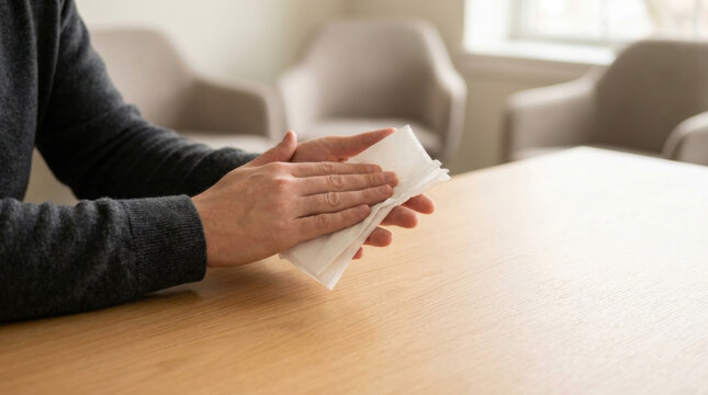 Facial tissue softness sensory comparison on hand at table in calm room