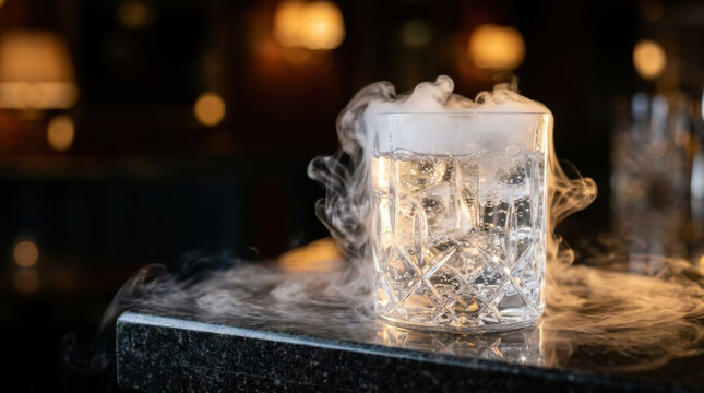 Smoky glass beverage on bar counter with ice and vapor effect in dim lounge