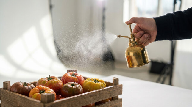 Fine water mist spritzer fresh produce crate tomato in kitchen studio