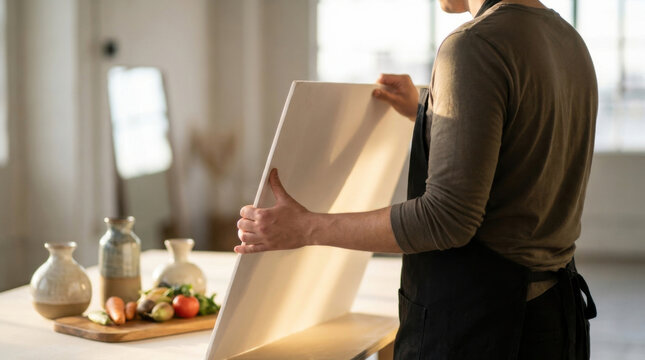 Studio portrait light bounce fill board photo man in apron arranging still life