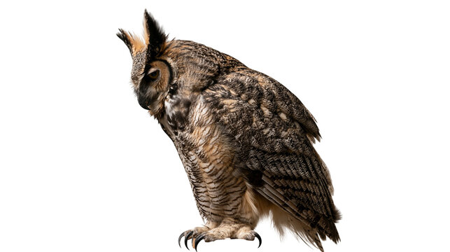 Great horned owl with brown and grey feathers and sharp talons