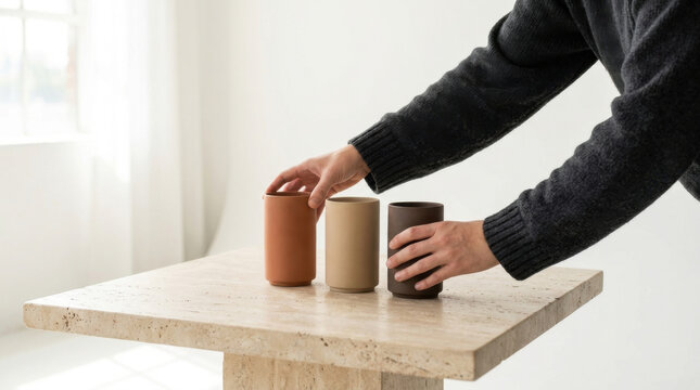 Ceramic color coordination hands arranging minimalist container on stone table in soft natural light