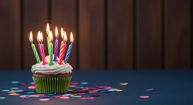 A delicious cupcake decorated with many bright burning candles on a dark rustic wooden background to celebrate a joyful happy birthday party event for everyone