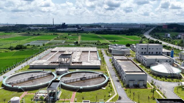 Modern wastewater treatment plant aerial view