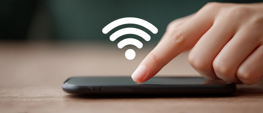 A detailed view of a hand ready to interact with a smartphone screen representing the essence of connectivity and technology in contemporary communication featuring a wi fi signal icon overlay