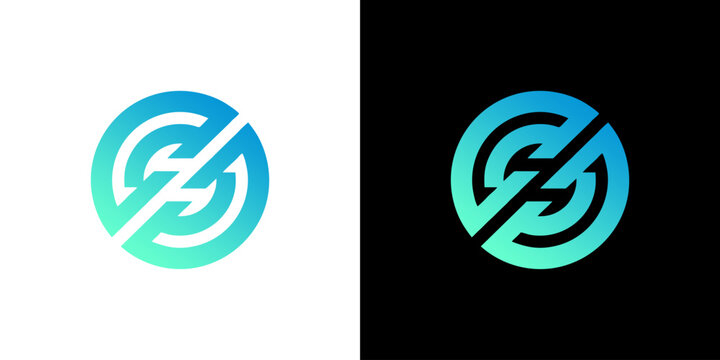 Modern circular logo design with letter S shape in blue and green gradient on black and white background