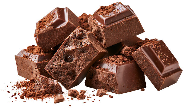 Broken chunks of dark aerated chocolate with cocoa powder dusting