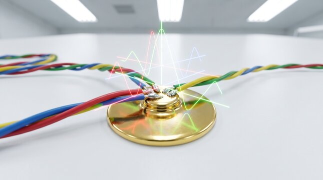 Conceptual extreme macro of a gold plated EEG sensor electrode emitting glowing brainwave traces