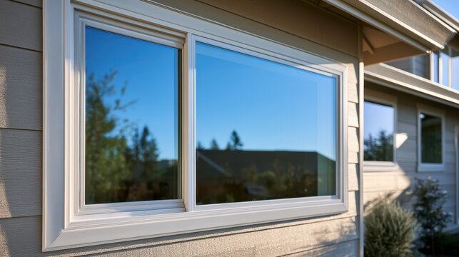Horizontal sliding window in white vinyl with emerald-green trim, fresh exterior of a residential house