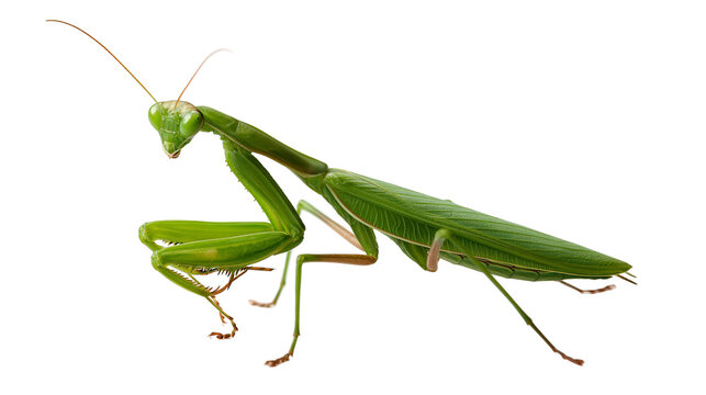 Bright green praying mantis insect with long antennae and folded raptorial legs