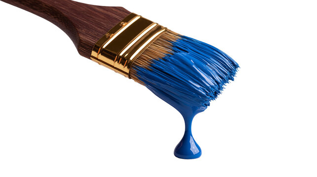 Wooden paint brush with blue acrylic paint dripping from bristles