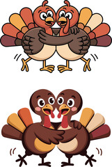 Fototapeta premium Cartoon turkeys hugging in pairs for friendly thanksgiving holiday illustration
