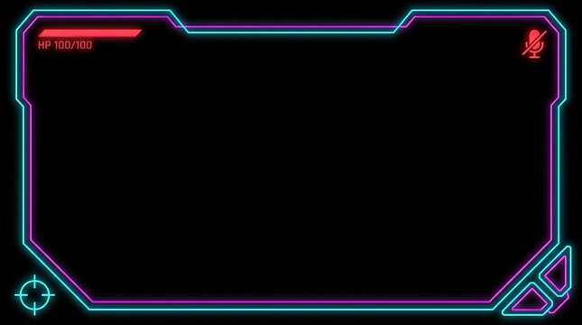 Neon gaming HUD frame with health bar and crosshair elements