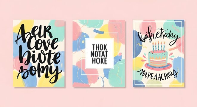 Set of three colorful greeting cards with artistic brush lettering and abstract pastel shapes featuring a festive happy birthday design for celebration and party invitations