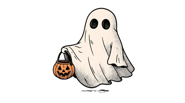 Cute ghost wearing a white sheet holding a small orange jack-o-lantern candy bucket