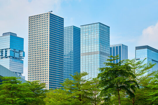 Shenzhen cityscape featuring modern office buildings and green trees
