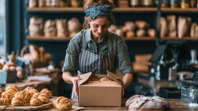 Baker packing baked goods into box for customer pickup