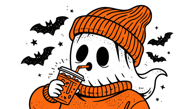 Cute ghost wearing an orange beanie and sweater drinking from a cup with bats