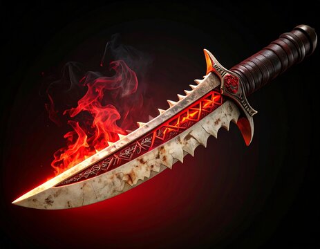 Isolated 3D Ancient Dragon Bone Dagger with Glowing Runes
