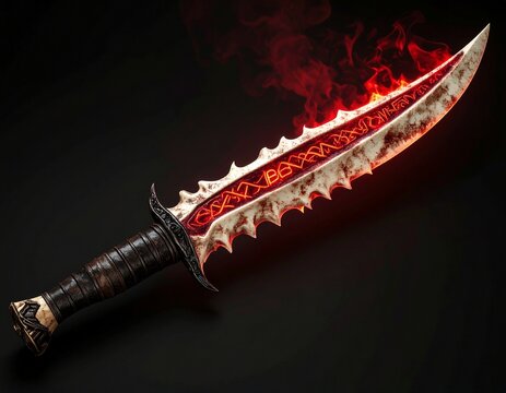 Isolated 3D Ancient Dragon Bone Dagger with Glowing Runes