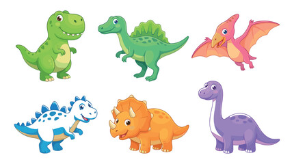 Fototapeta premium Set of Funny Cartoon Dinosaurs Vector Illustrations, Cute Dinosaur Characters Collection for Kids, Baby, Animal, Pet, Wild Nature and Playful Graphic Design