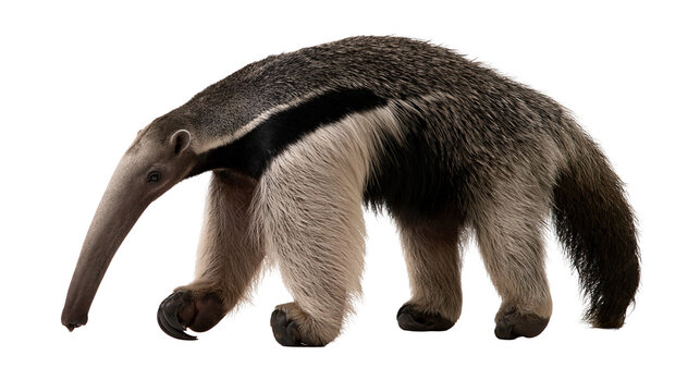Giant anteater with long snout and bushy tail walking