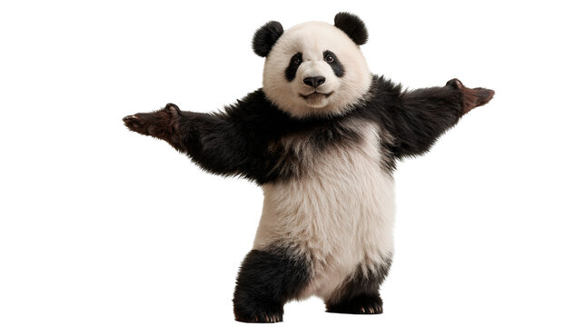 Giant panda bear standing upright with arms outstretched in a friendly pose
