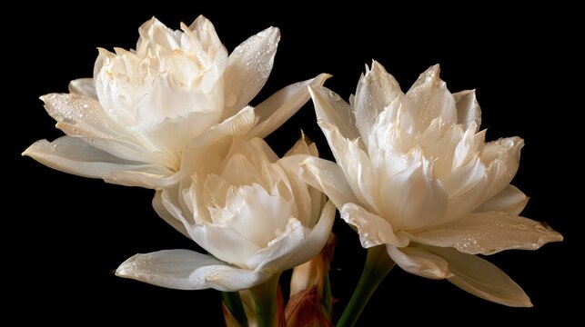 Ivory petals close-up of a trio of blossoms on a dark backdrop for celebration cards