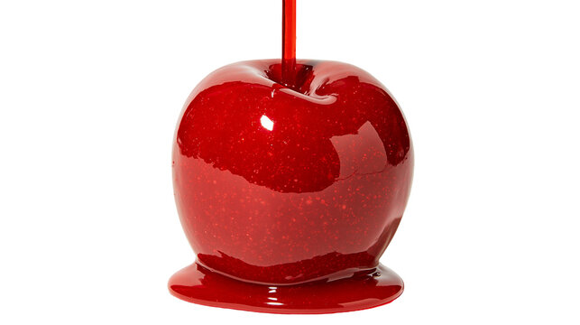 Glossy bright red candy apple coated in thick liquid sugar syrup