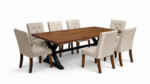 Large Wood Dining Table with Eight Upholstered Button-Tufted Chairs