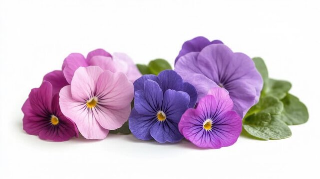 Beautiful purple, violet and pink pansy flowers arranged naturally with fresh green leaves. Ai generated