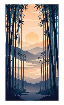 Bamboo Forest at Sunset Landscape Illustration